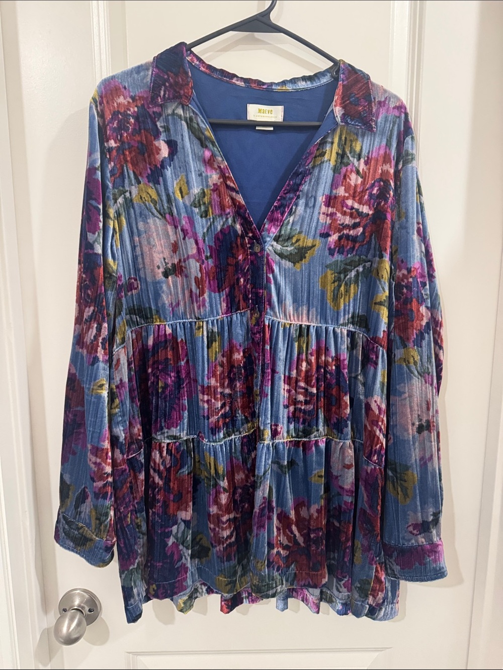 Maeve Blue Floral Velvet Tiered Tunic